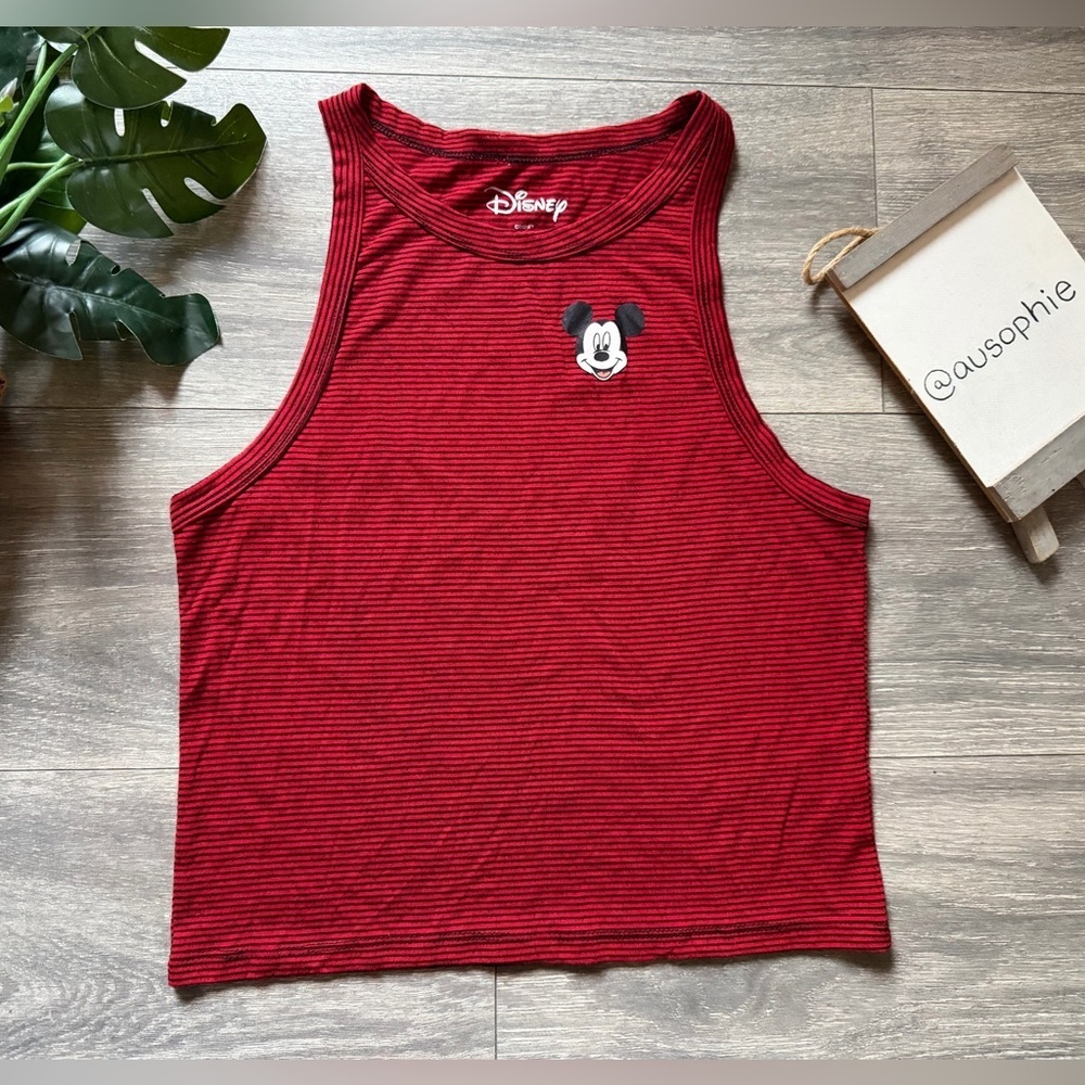 Disney Red & Black Striped Tank Top w Mickey Mouse Graphic. Size S